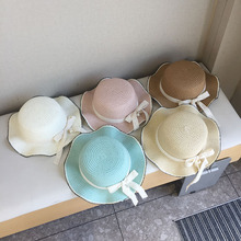 韩国蕾丝蝴蝶结大帽檐草帽女童夏季透气遮阳防晒沙滩帽子甜美渔夫