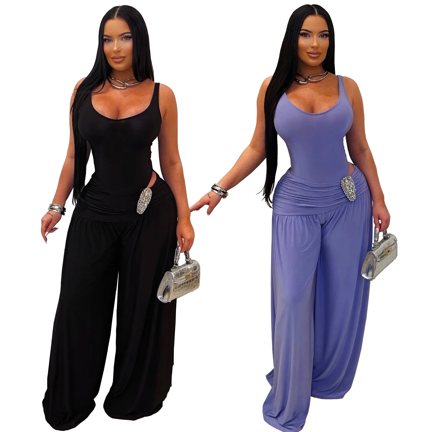 C7779 transfronterizo 2026 nueva ropa de mujer de color sólido U cuello de cintura alta delgada pantalones de piernas anchas sexy hot-girl plantares casuales