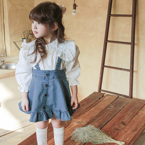 2024 Spring Girls' Denim Skirt Strawberry Style Korean Children's Clothing Kids' Girls' Ruffled Halter Strap Dress