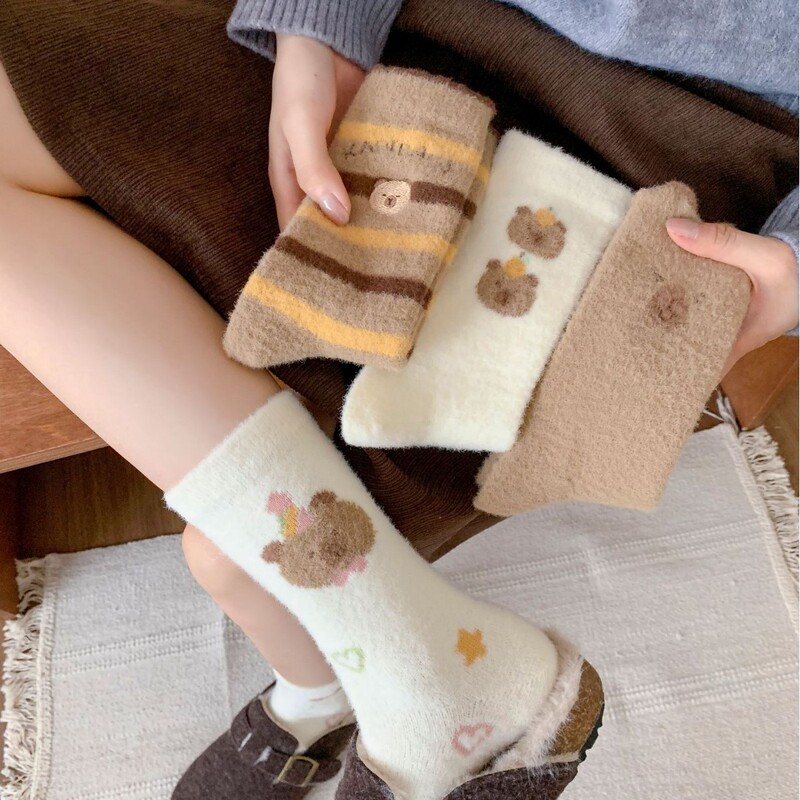 Kapibala Socks Women's Autumn and Winter fleece-lined Thickened Warm Cute Home Floor Sleep Socks White Cotton Socks Winter