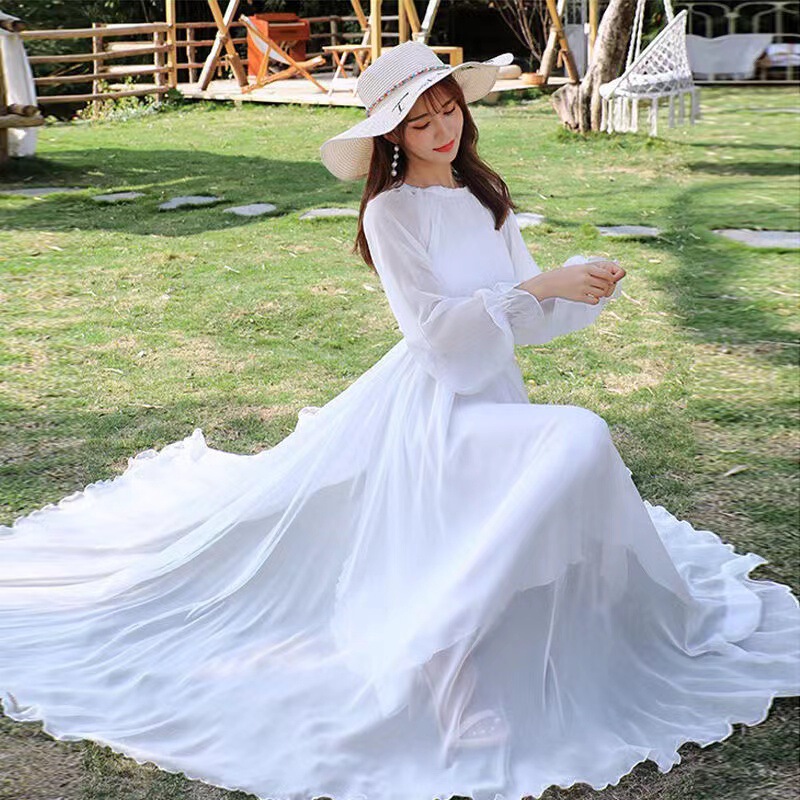 Beach Skirt Chiffon Extra Long Fairy Long Skirt Large Hem Spring and Autumn Skirt Long Sleeves Loose Lace-Up Slim and Beautiful Dress