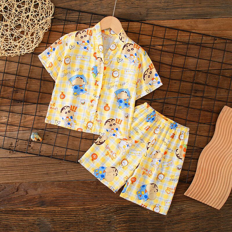 Summer Children's Short-Sleeve Shorts Pajamas Cotton Silk Boys' and Girls' Set Cotton Silk Baby Air-Conditioned Home Wear Thin Style