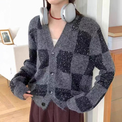 欧货v领亮片针织开衫女2025秋冬名媛气质拼色软糯短款毛衣外套潮