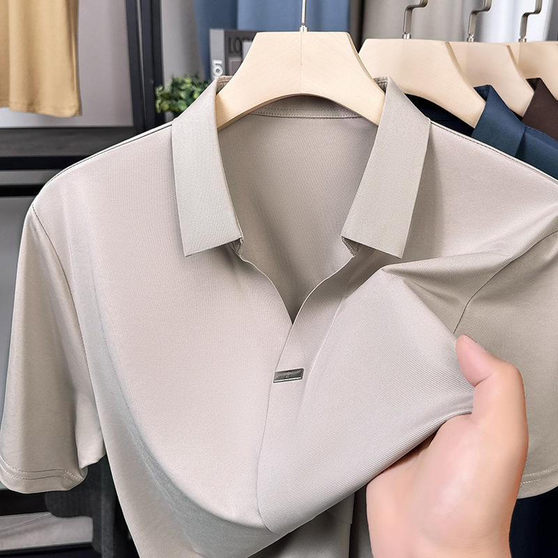 Ice Silk Short-Sleeved T-Shirt Men's V Neck 2025 Summer Men's Accessible Luxury Thin Stretch Business Lapel Polo Shirt Dad Wear