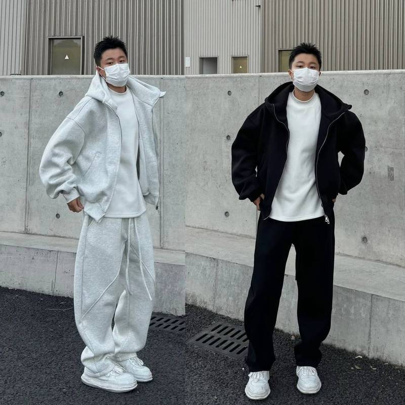 简约美式重磅连帽卫衣开衫男潮流阔版系带休闲裤宽松两件休闲套装|undefined