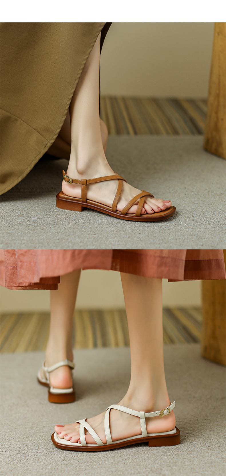 Sandal La Mã quai ngang đế bệt dây nhỏ hở ngón — Màu nâu chi tiết 5