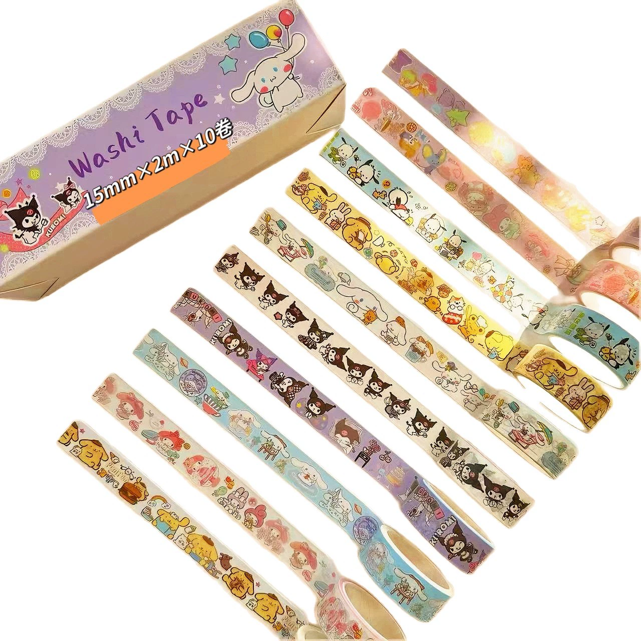Sanrio Kapibara васи-лента 10 рулонов для личного блокнота, мультяшные наклейки Kuromi, материалы для оформления блокнота