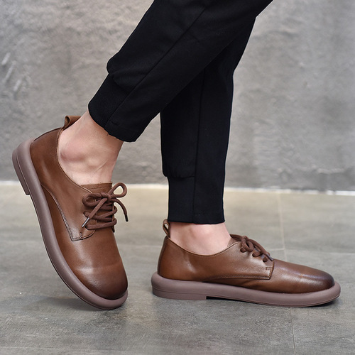 Men's genuine leather casual shoes round toe flat heel soft leather single toe toe layer cowhide low top shoes for men