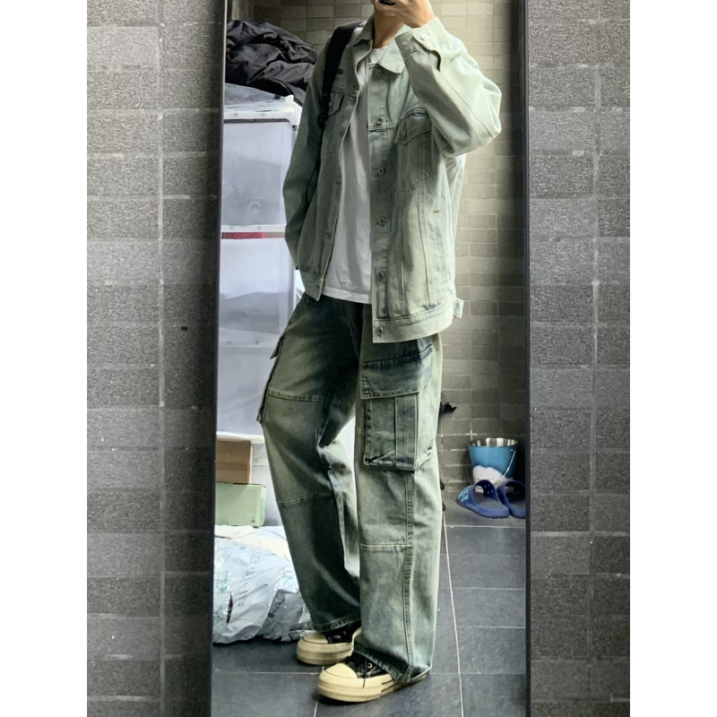 春季街头工装牛仔裤男生宽松多口袋水洗做旧阔腿裤直筒学院风长裤|undefined