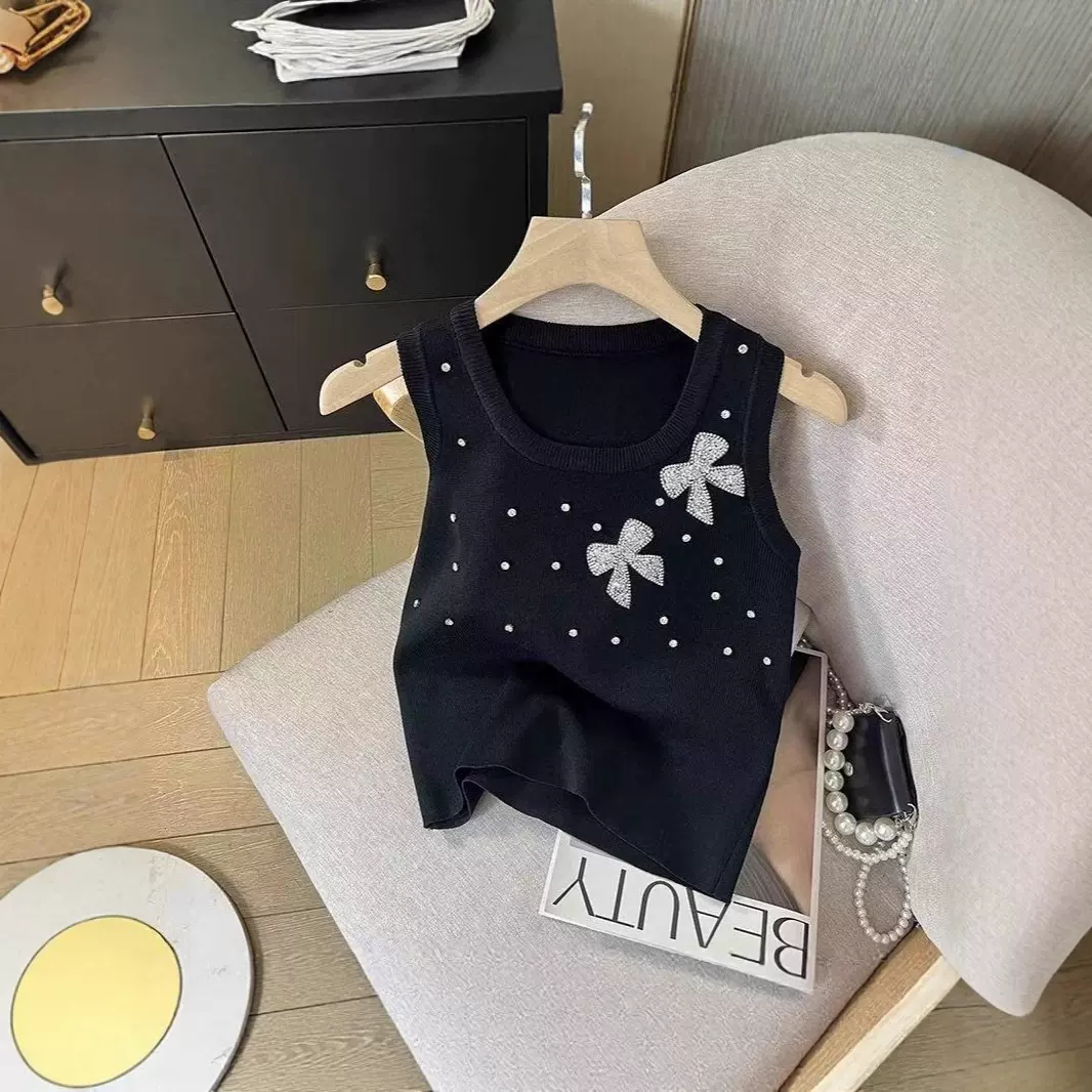 别致蝴蝶镶钻针织吊带背心女夏季纯欲甜辣妹显白无袖小上衣