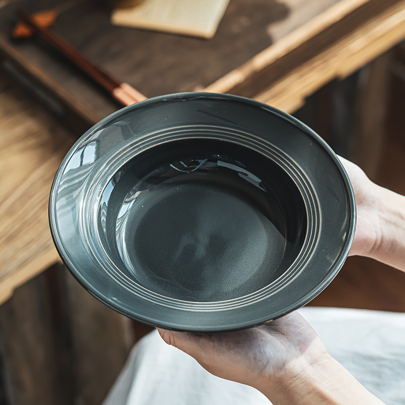 Tazón de cerámica estilo retro de color puro, tipo sombrero de paja, para uso doméstico, para verduras, postres, pasta, comida occidental y sopa, de diseño creativo