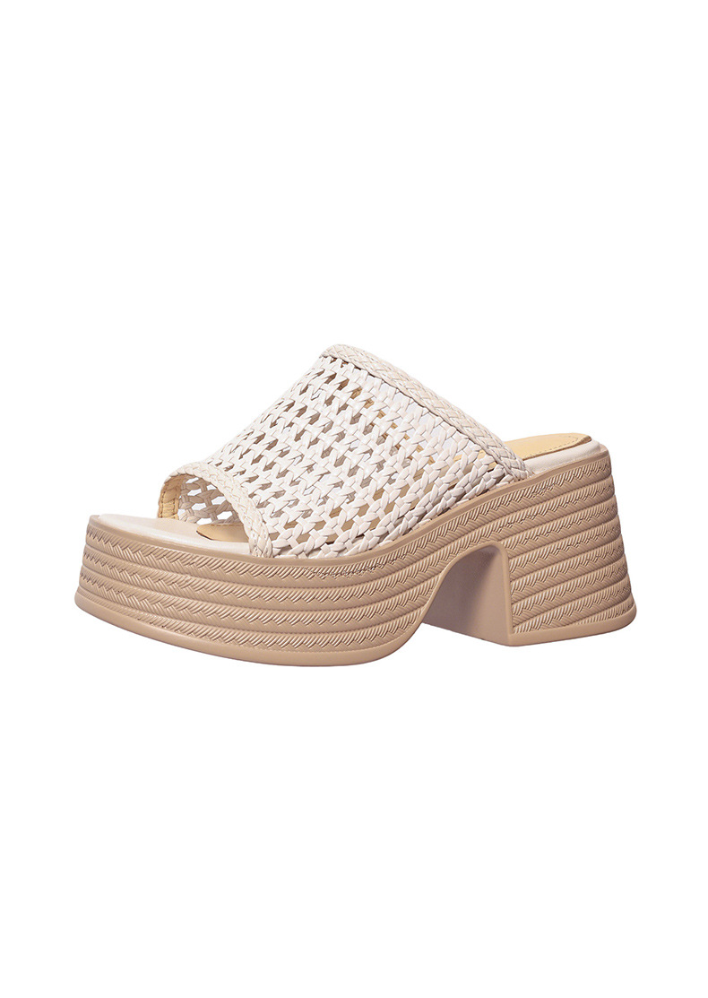 Sandal cao gót nữ đế dày phong cách La Mã, mũi hở, quai đan lộng lẫy — màu đen, màu trắng ngà chi tiết 17