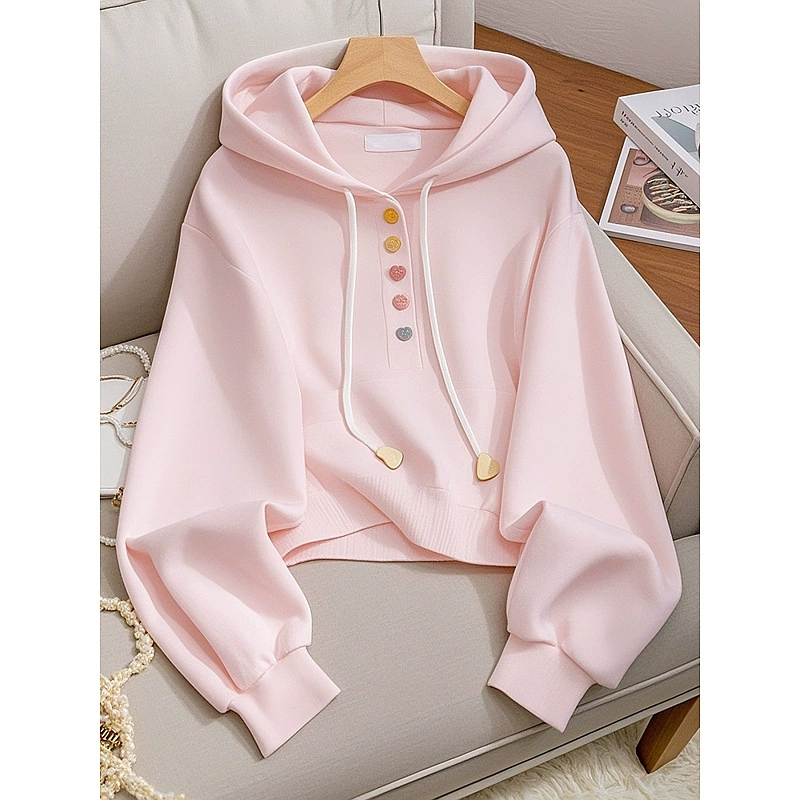 Розовый свиток с капюшоном осенний женский 2024 новый свободный тонкий уникальный красивый маленький топ