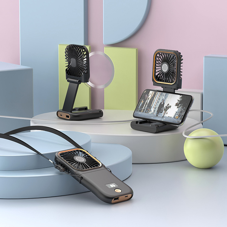 スポットハンドヘルド小型ファンデジタルディスプレイ折りたたみ屋外ポータブル USB パワーバンク携帯電話ホルダーミニ吊り首ファン|undefined