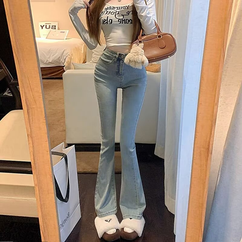 Flared Jeans for Women 2025 Spring/Summer New Light Blue High-Waisted Slim Fit Petite Bootcut Pants