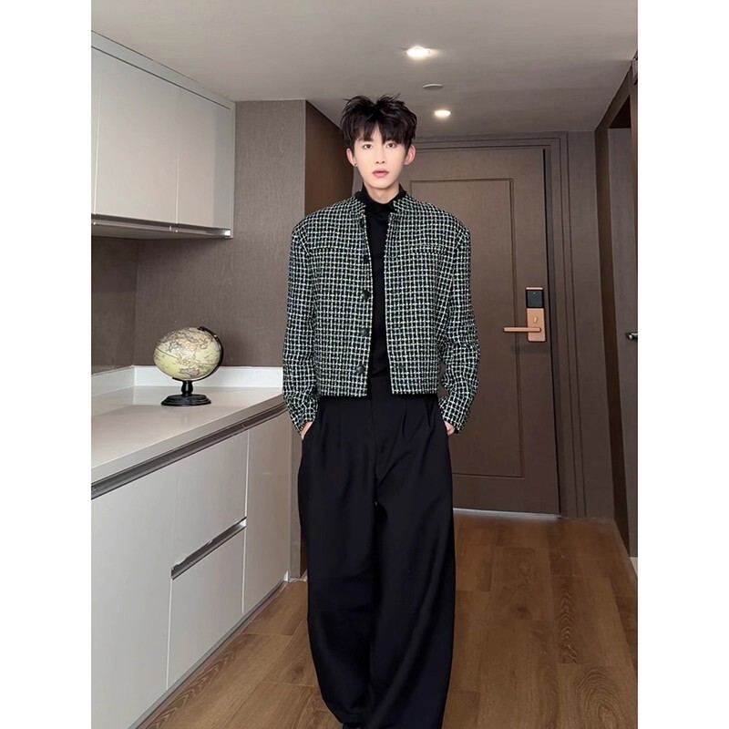 Tweed Chanel-Style Blazer for Men, Autumn Silhouette American Shoulder Pad Jacket, Short Houndstooth Suit Top