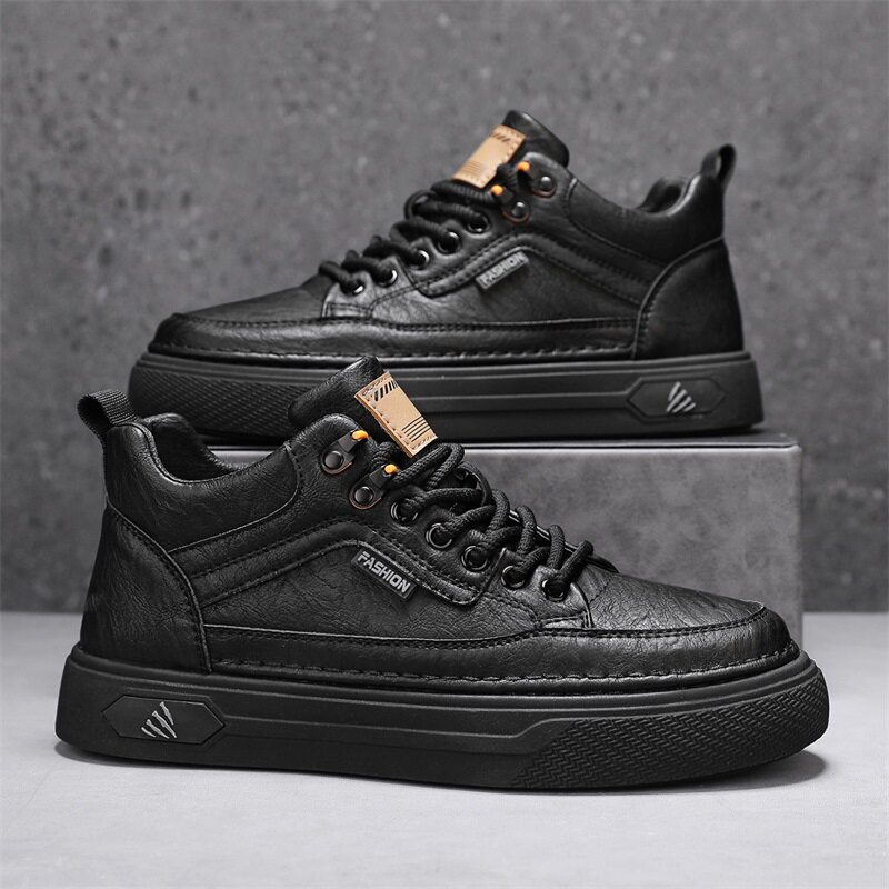 Giày nam cổ trung chống thấm nước chống trơn trượt màu đen, giày thể thao sneaker đa năng đi làm và giải trí, gót 3-5 cm — quần kaki, đen