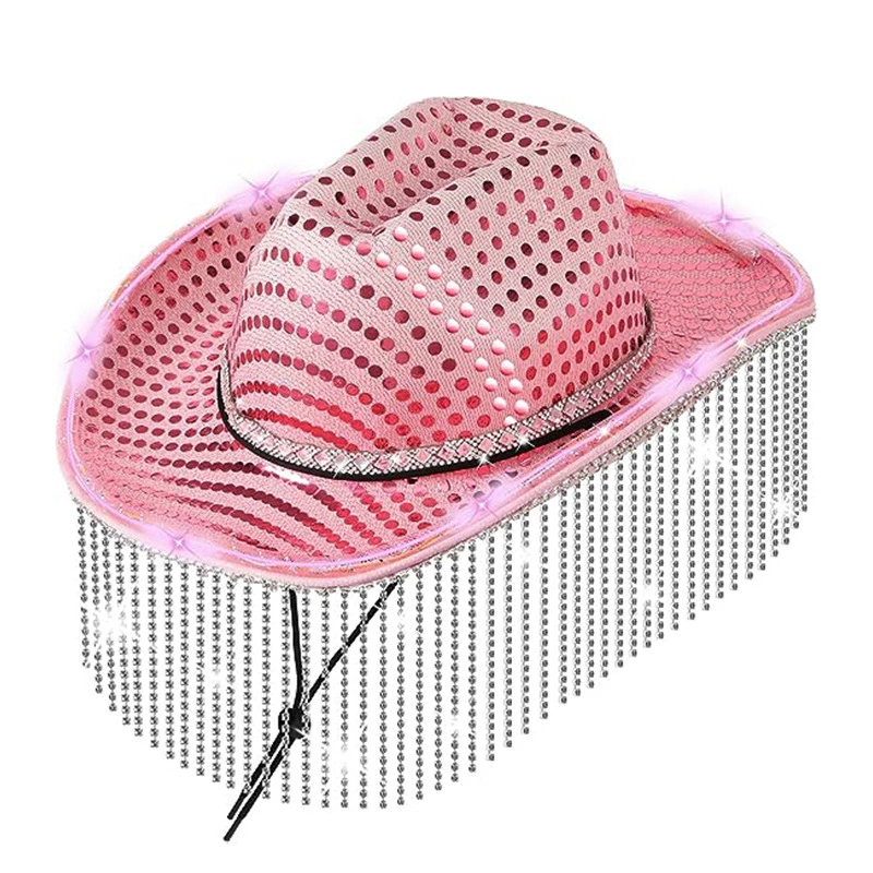Ковбойская шляпа с розовыми пайетками, стразами и длинными кистями от производителя Amazon, розовая, красочная, яркая.