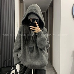 茉语灰色高级慵懒2025宽松新款连帽拉链针织毛衣开衫外套上衣秋冬