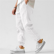 亚马逊新款男士亚麻休闲裤夏季透气束脚口裤沙滩直筒裤纯色独批发