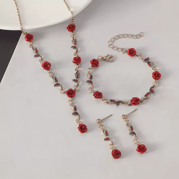 Vintage French Style Rose Flower Bracelet suit Women's European and American Ins Personality Elegant Red Rose Necklace Trendy Bracelet