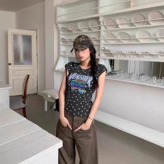 【260gレーヨンモーダル】星柄プリント半袖Tシャツレディース夏新作スリムショートアメリカントップス