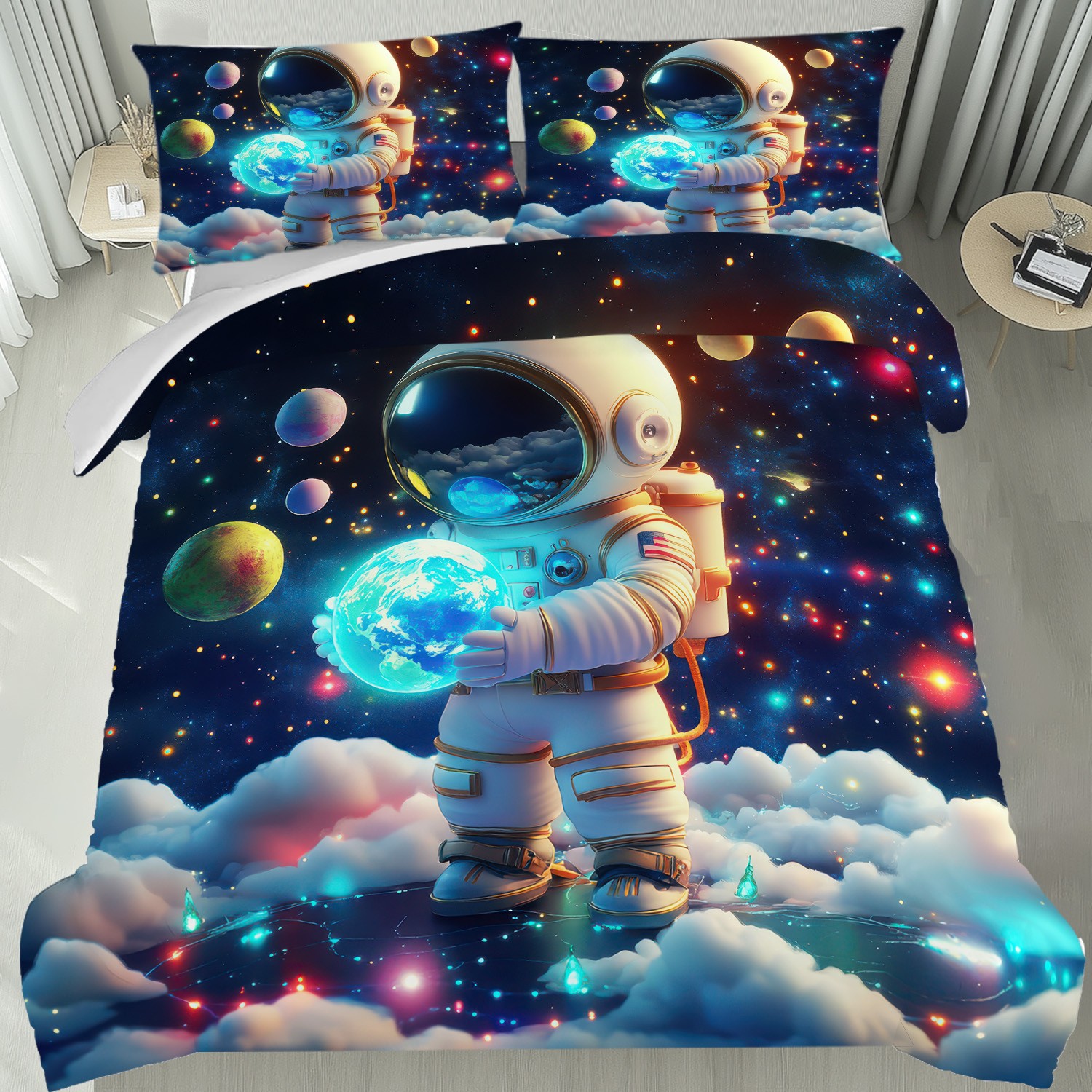 Cartoon Astronaut Digital Printed Edredon Kit Textile Transpirable Transfronterizo Fuente TEMU / JIT