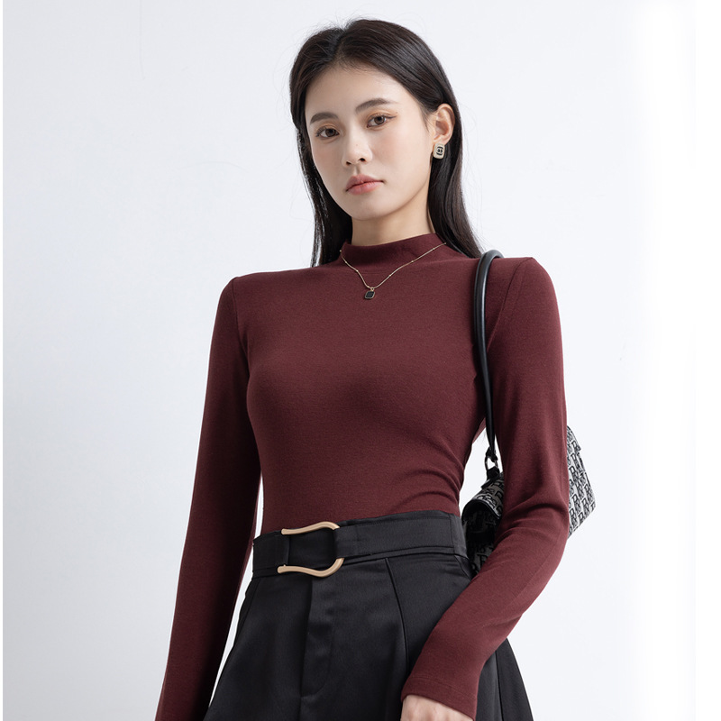 스레드 코튼 고탄성 하프 터틀넥 긴소매 다크 레드