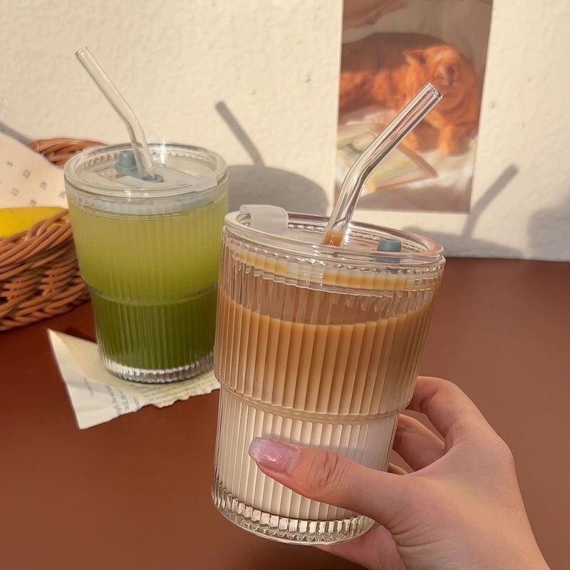 Ins風高颜値ガラスコーヒーカップシンプル縦縞ストローカップ|undefined