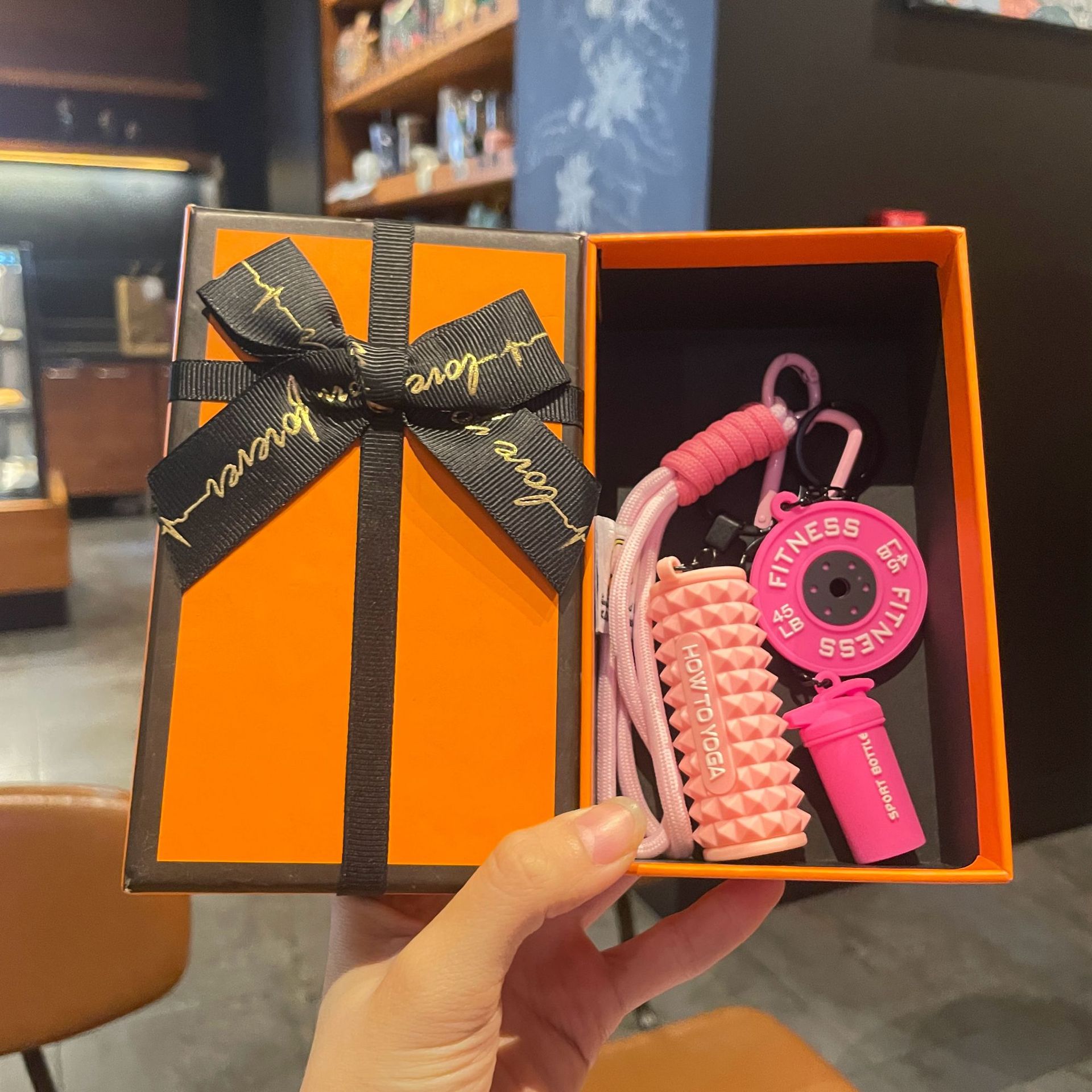 Fuchsia set for yoga from foam, orange gift box