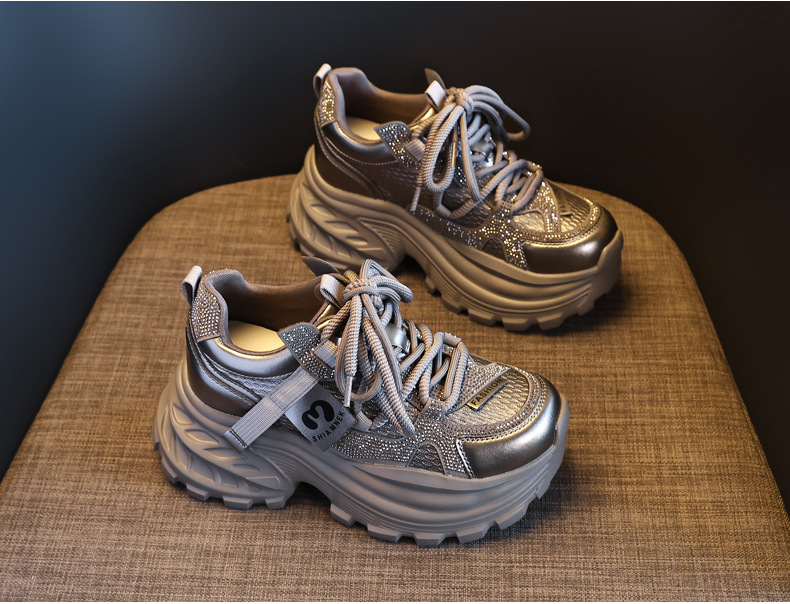 Giày sneaker nữ đế dày tăng chiều cao đính đá pha lê phong cách thể thao — màu đen chi tiết 5