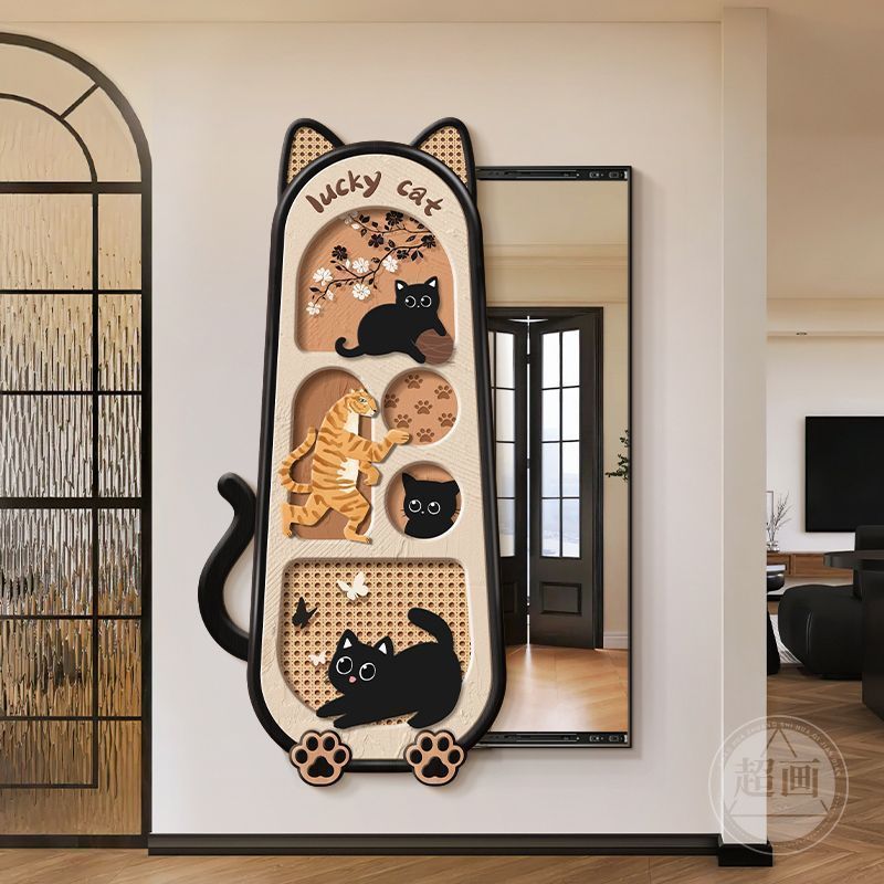 法式复古穿衣镜猫咪式中卡通全身镜隐藏式玄关装饰画推拉暗藏古风|undefined