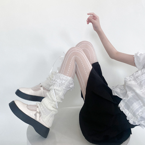 Rose flower lace socks set, cute bow pile socks leg sets, sweet girly style knitted calf socks