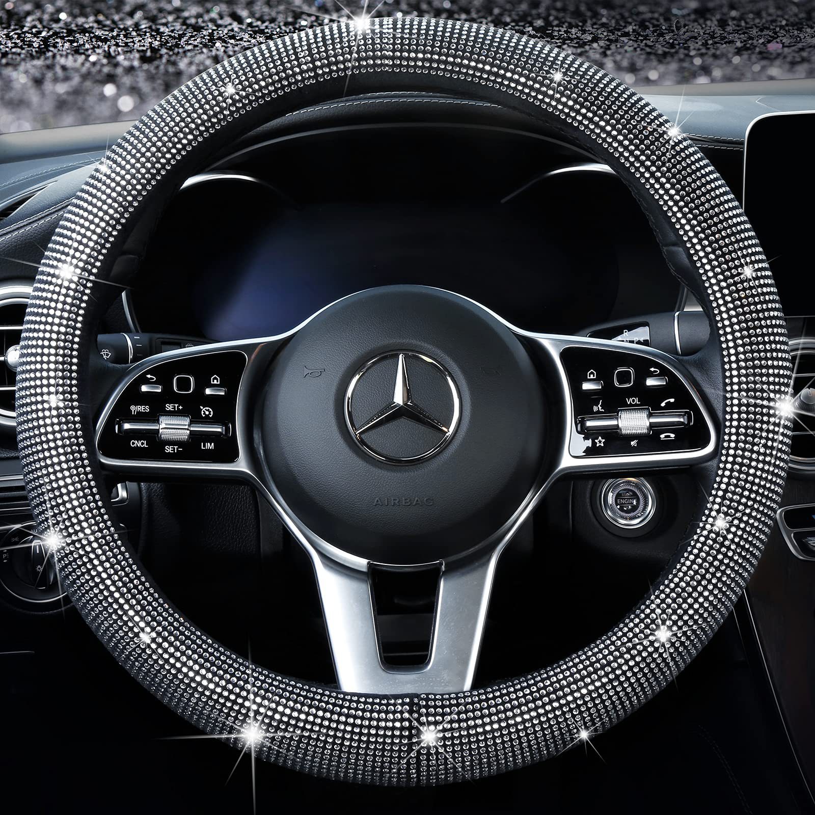 Car Steering Wheel Cover with Diamonds, No Inner Ring, Full Diamond Rhinestone Cover with Diamond Mesh, Hot-Studded Diamonds, Full Diamond Elastic Grip Cover