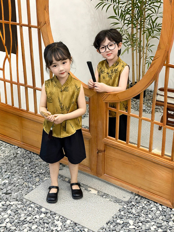 新しい中国風の女の子唐スーツ子供ベスト春と夏 2025 新しいスタイルの男の子と女の子中国風ジャカードノースリーブベストトレンディ|undefined