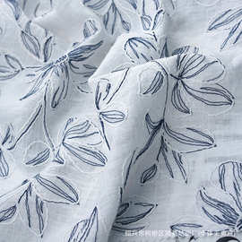 蓝白青花线性刺绣提花棉麻布料 文艺田园国风diy裙服装设计师面料