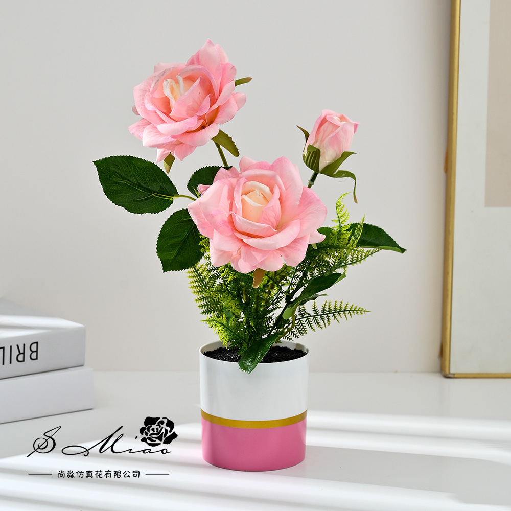 Transfronterizo de tres cabezas rosa bonsai imitación maceta flores falsas props de fotografía flores artificiales bodas decoración del hogar