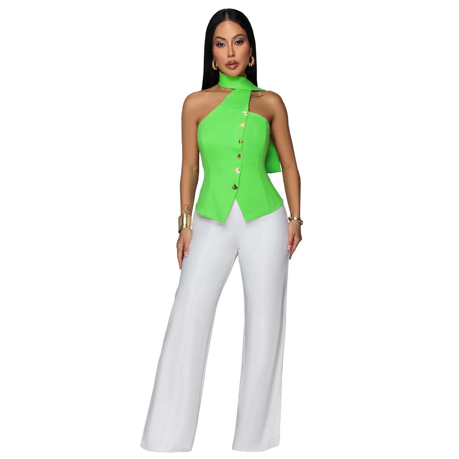 C7756 transfronterizo 2026 nueva ropa de mujer europea y americana de verano cuello de viaje de vestir chaqueta de regazo pantalones de piernas anchas dos piezas nuevo conjunto