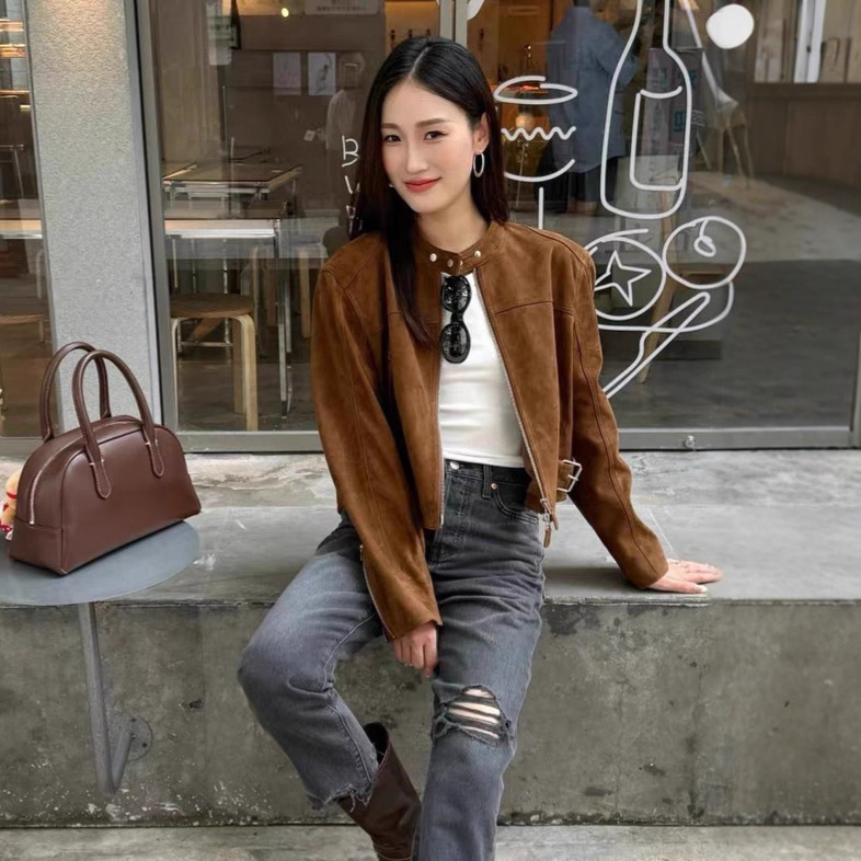 进口反绒山羊皮皮衣女2025秋冬新款复古美拉德机车皮夹克外套短款|undefined