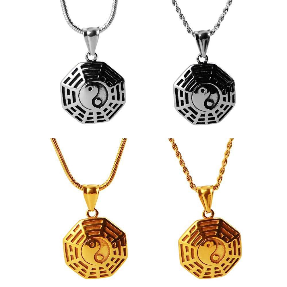 중국 레트로 목걸이 WUXING BAGUA TAIJI COMPASS 펜던트 유니섹스 티타늄 스틸 도금 18K 골드 액세서리