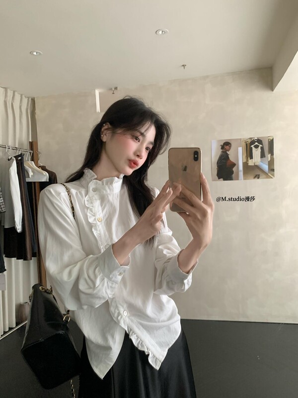 MSTUDIO漫莎 韩系温柔甜美风设计感斜扣花边领克长袖衬衫女6011|undefined