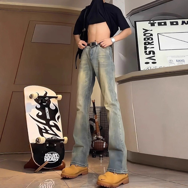 American Retro Scimitar Jeans for Men, Summer Mid-High Waist, High Street Vibe, Slim Straight-Leg Flared Pants