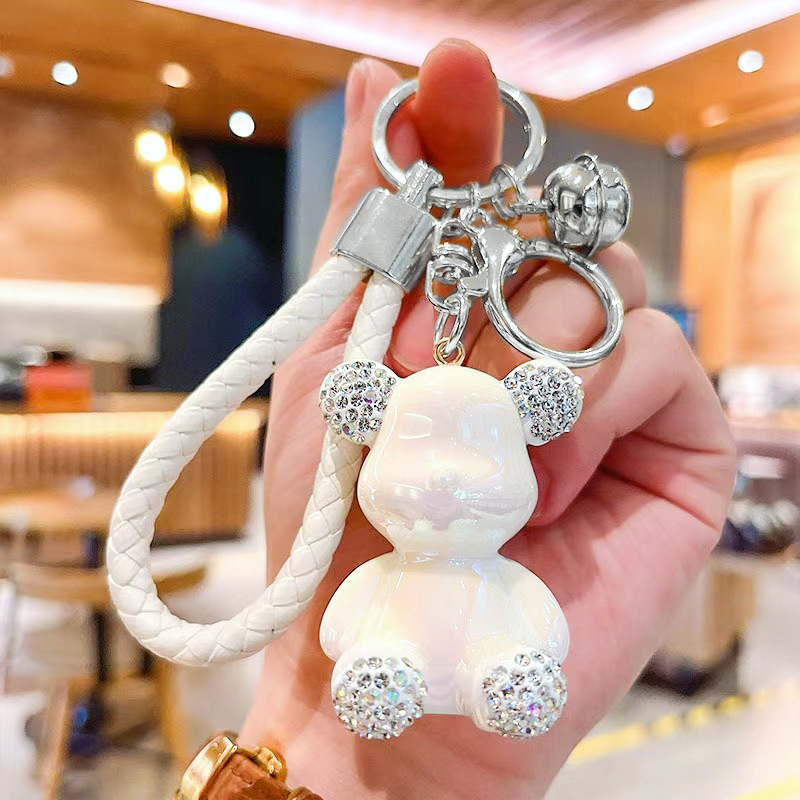 可爱镶钻小熊钥匙挂件暴力熊汽车钥匙链防丢钥匙挂坠皮绳小铃铛女|undefined