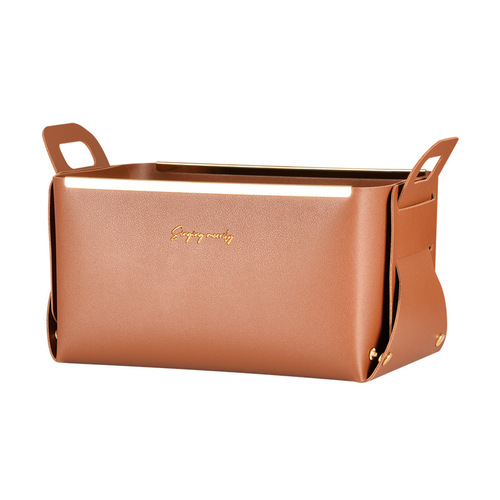Leather storage box with handle, desktop debris organization, living room, skin care, cosmetics, snacks, leather storage tray