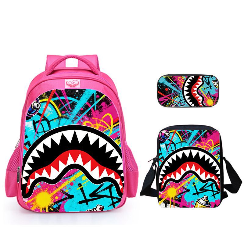 Cartoon Print Colorful Spray-Painted Big-Mouth Graffiti Shark Mouth Backpack, Shoulder Bag, Pencil Case Three-Piece Set Cartoon Print Colorful Spray-Painted Big-Mouth Graffiti Shark Mouth Backpack, Shoulder Bag, Pencil Case Three-Piece Set