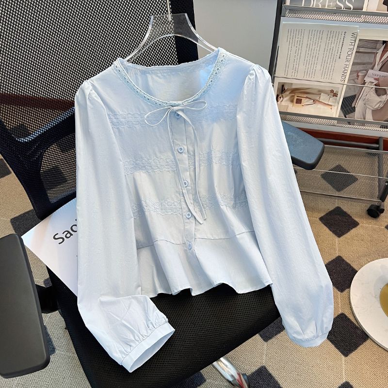 Solid color spring lace shirt with bow