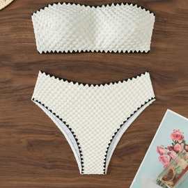 2024泳装新款纯色比基尼欧美性感抹胸bikini女士分体泳衣锁边高腰