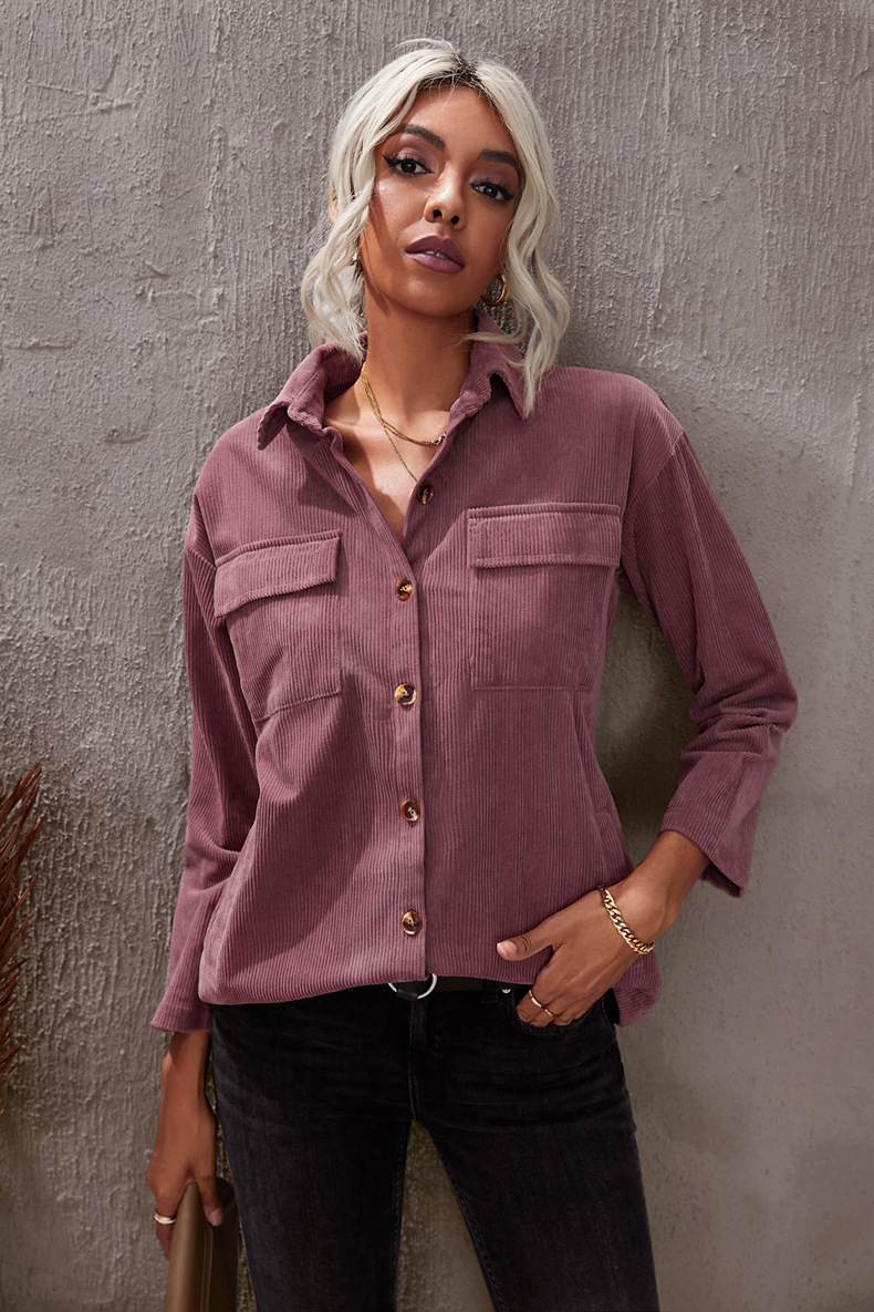 Solid Color Loose Single-Breasted Lapel Long Sleeve Shirt - Blouses & Shirts - Uniqistic.com