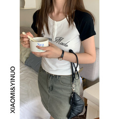【欧凡】アメリカ式のスリムアルファベットのプリントは肩の袖の短いtシャツに着痩せしています。半袖の上着9872