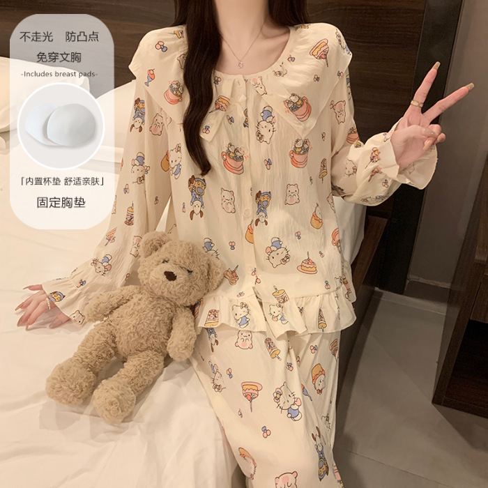 新款卡通花边娃娃领云朵棉长袖睡衣女春秋款冬季甜美风家居服批发|undefined